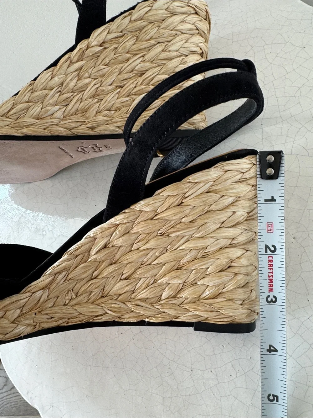 Tory Burch Black Leather Suede Espadrille Wedge Sandals Gold Accents Size 10 EUC